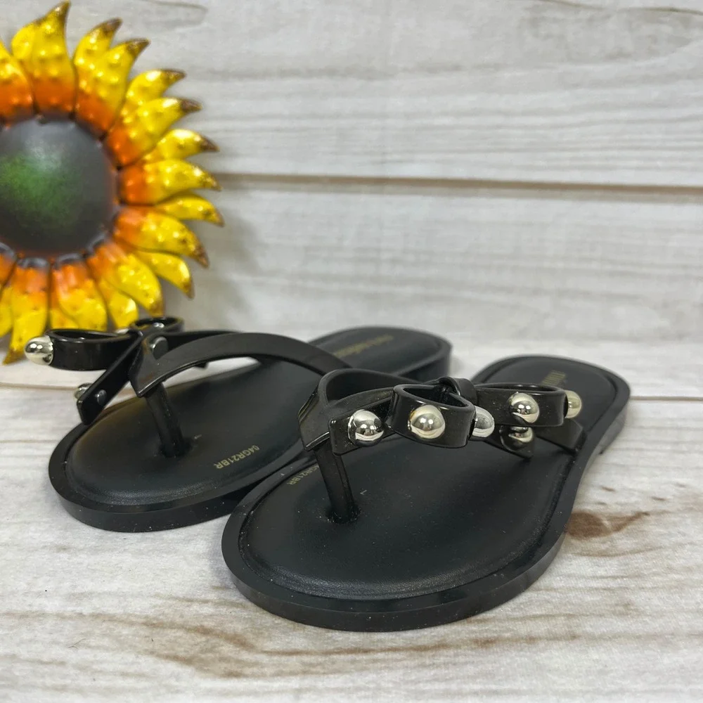 Mini Melissa Girls Black Jelly Flip Flop Sandals Bow Silver Ball Studded 11 Shoe